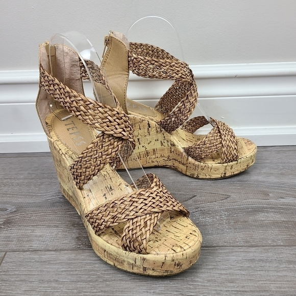 Stepps Tan Woven Strap Wedge Sandals - Picture 3 of 17
